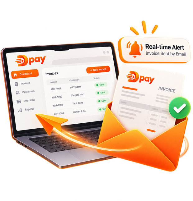 A DPay invoice list on a laptop with an invoice email flying out of an envelope.